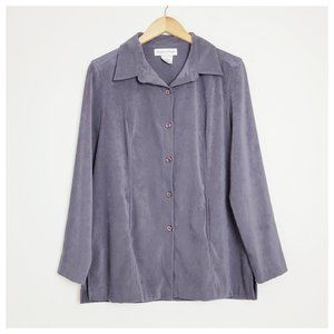 Stephanie Parks Button Up Shirt Slate Gray Blue Micro Suede Long Sleeve Blouse
